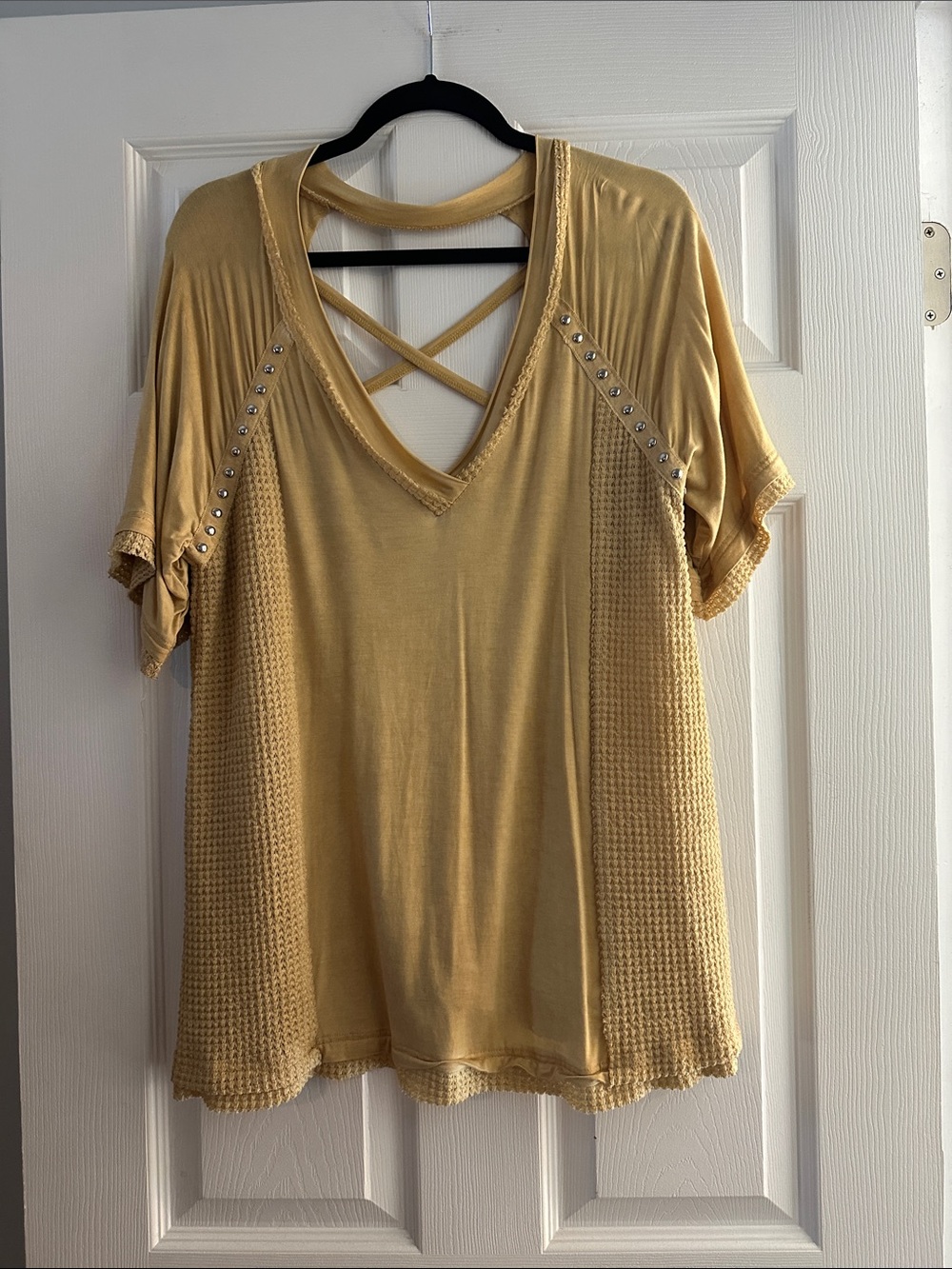 Mustard Short-Sleeve V-Neck Top with Crisscross Back